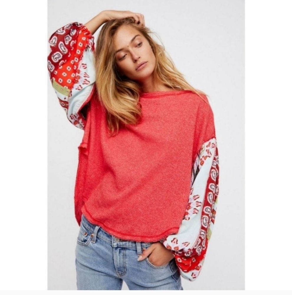 We The Free Red Patchwork Balloon Sleeve Top